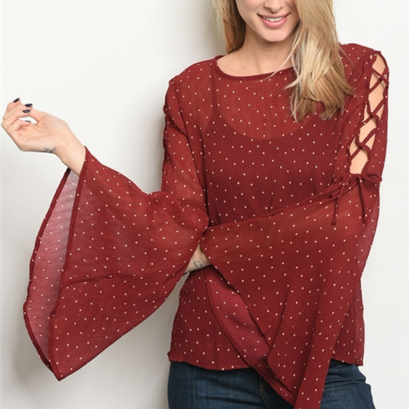 BURGUNDY PEACH DOTS TOP @ - Picture 2 of 3